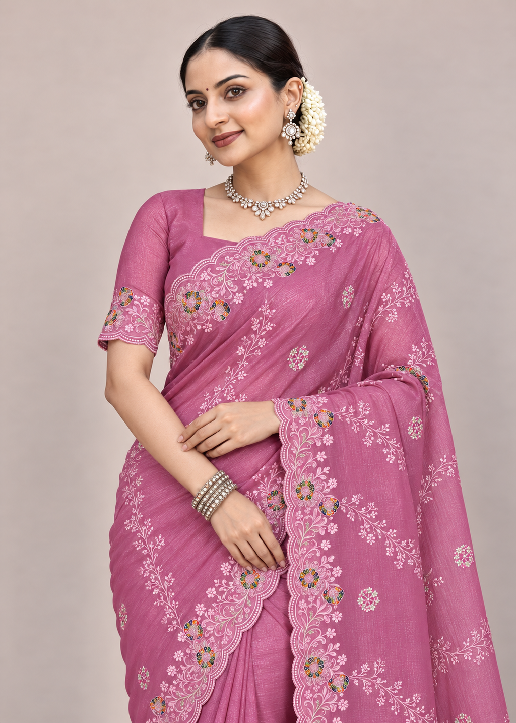 Floral Embroidery Elegant Tissue Silk Saree