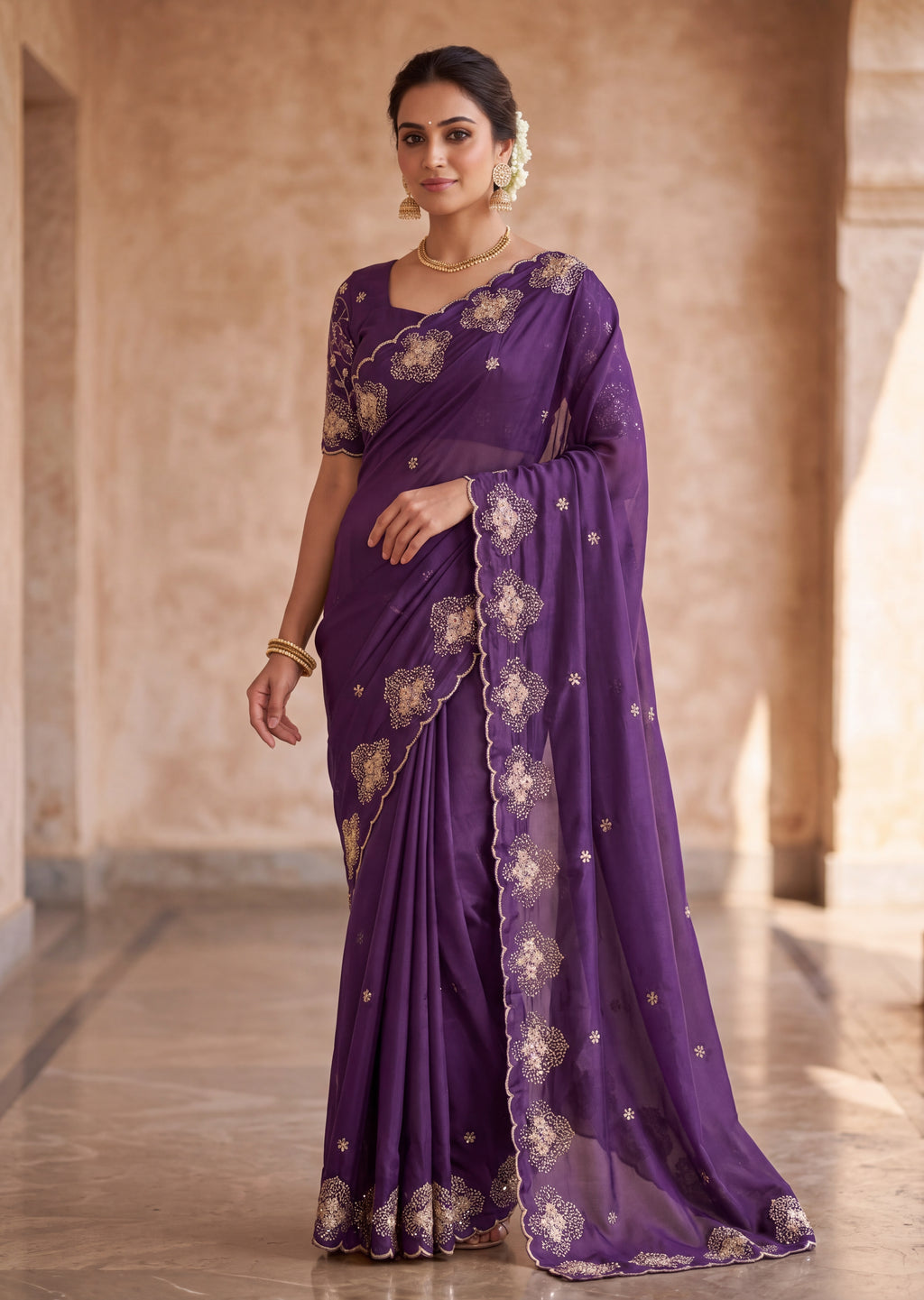 Classy Floral Embroidery Rangoli Saree