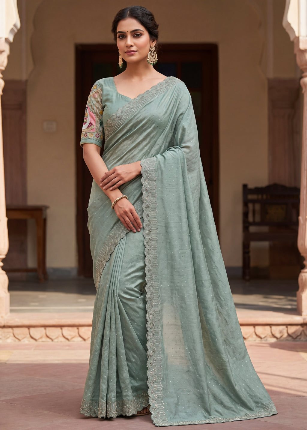 Pearl-Embellished Scalloped Border Saree
