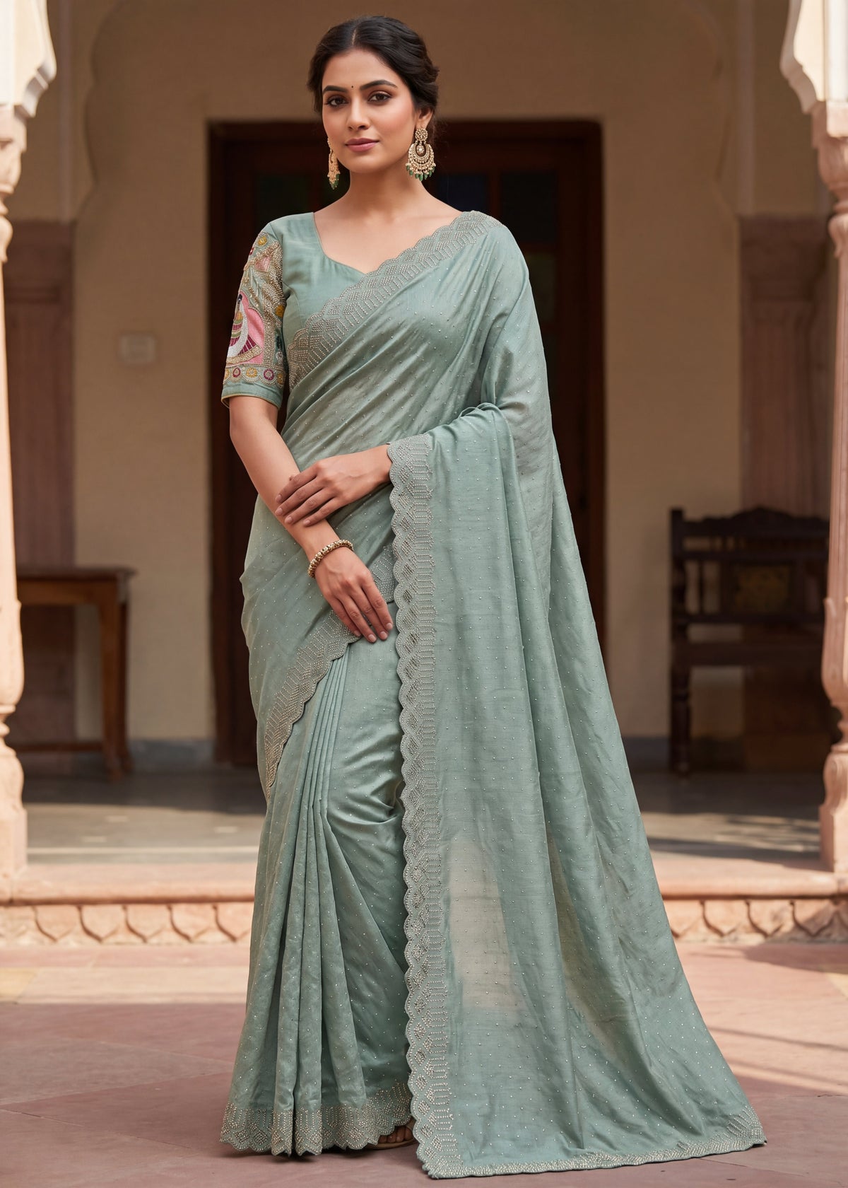 Pearl-Embellished Scalloped Border Saree