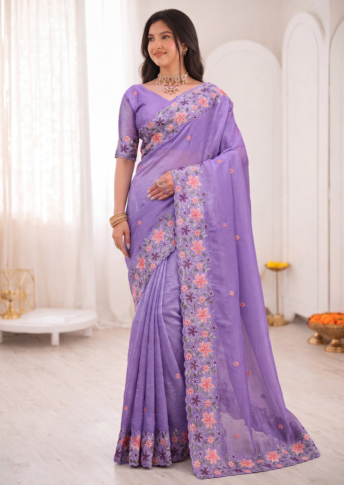 3D Floral Embroidery Two-Tone Crunchy Tissue Saree