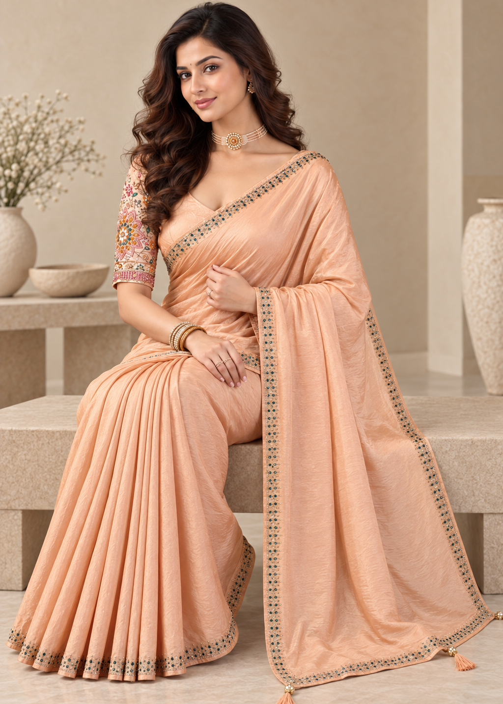 Embroidered NC Satin Saree with Designer Blouse
