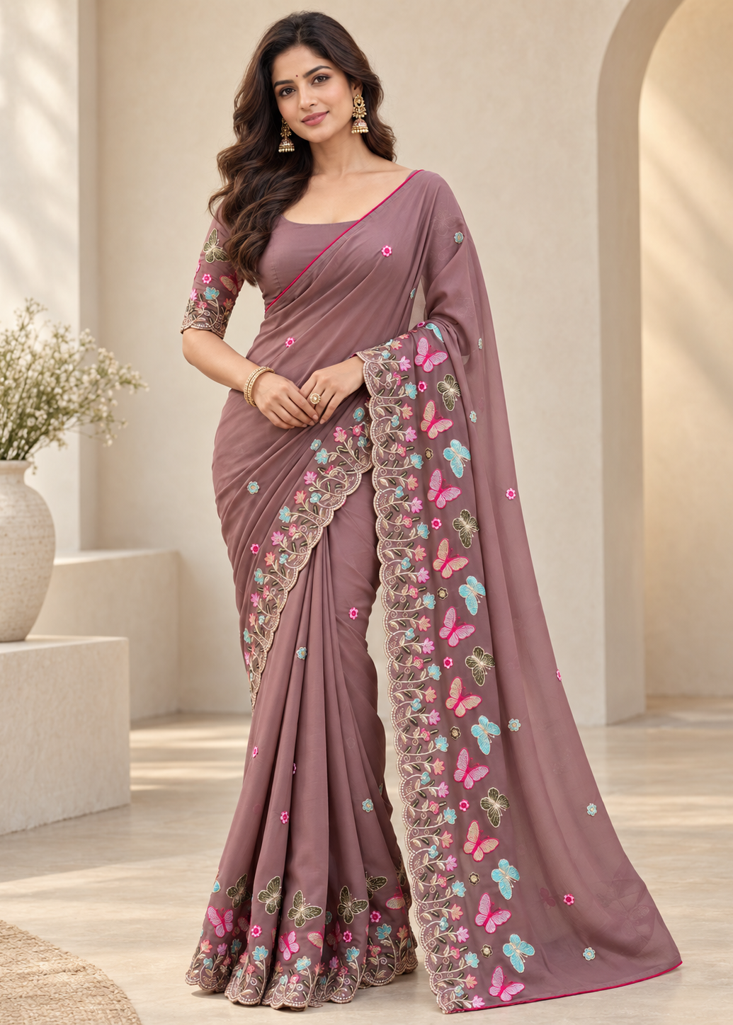Attractive Floral Rangoli Embroidered Designer Saree