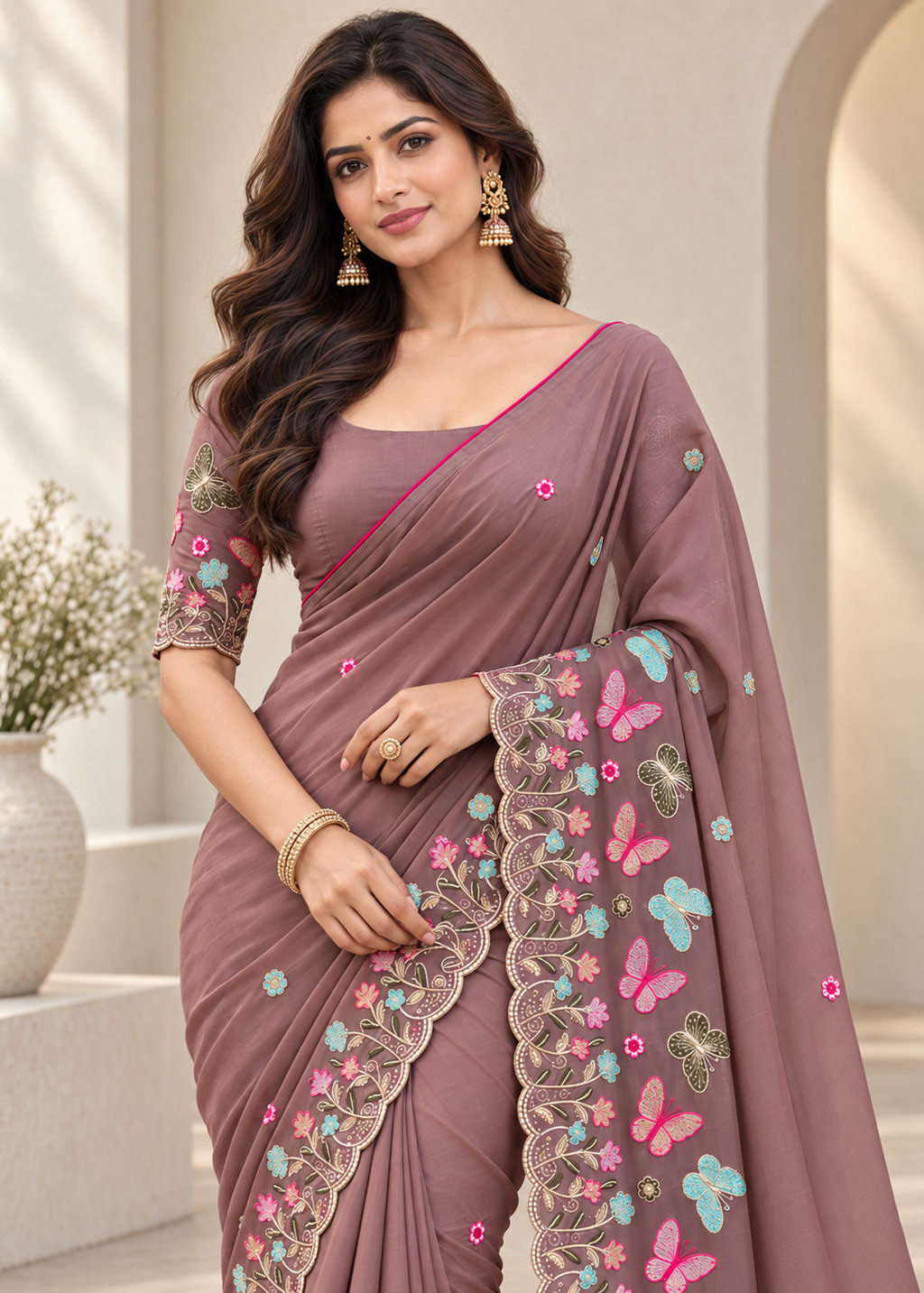 Attractive Floral Rangoli Embroidered Designer Saree
