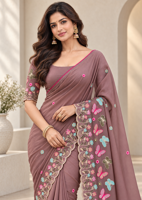 Attractive Floral Rangoli Embroidered Designer Saree