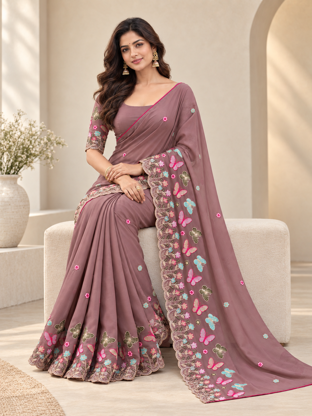 Attractive Floral Rangoli Embroidered Designer Saree