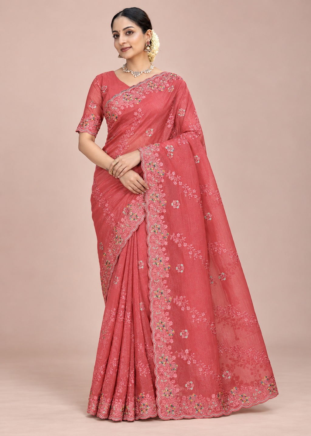Floral Embroidery Elegant Tissue Silk Saree