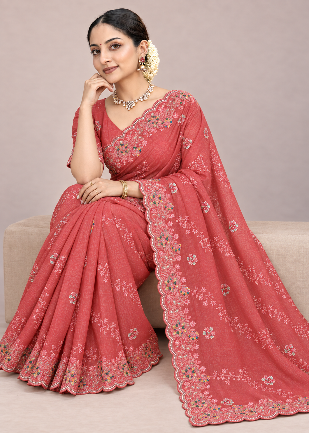 Floral Embroidery Elegant Tissue Silk Saree