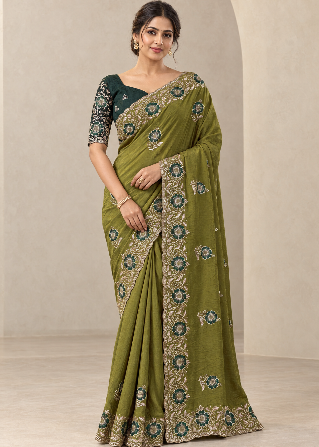 Graceful Emerald Chiffon Embroidered Saree