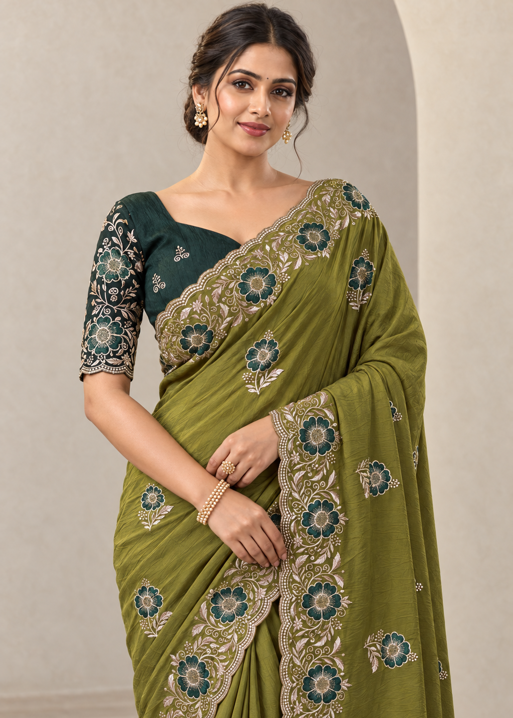 Graceful Emerald Chiffon Embroidered Saree