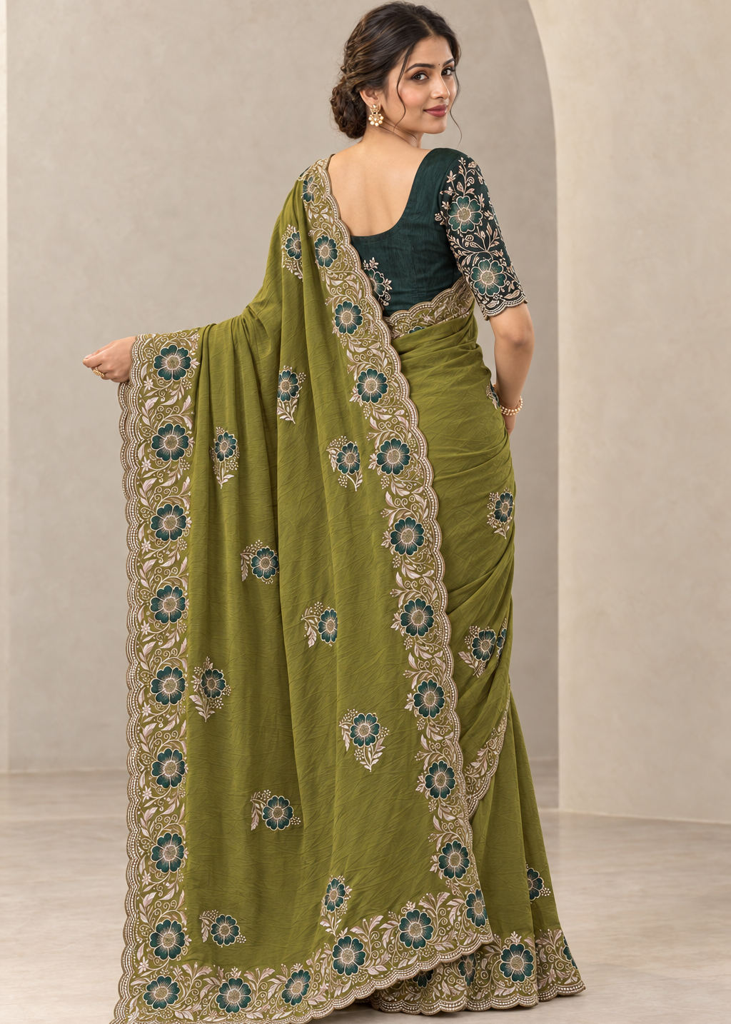 Graceful Emerald Chiffon Embroidered Saree