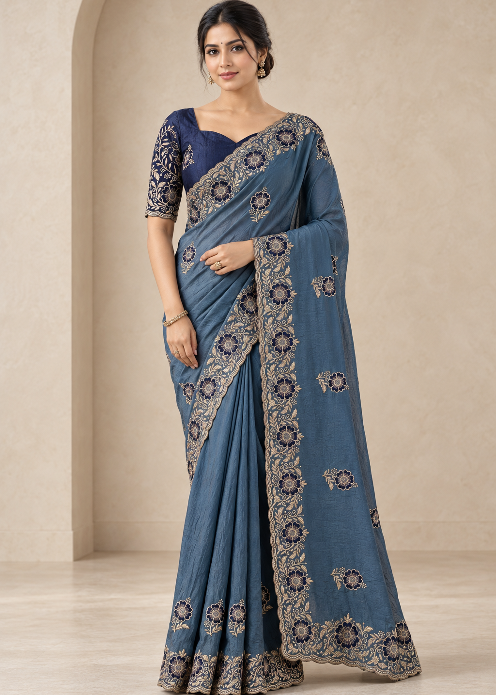 Graceful Emerald Chiffon Embroidered Saree