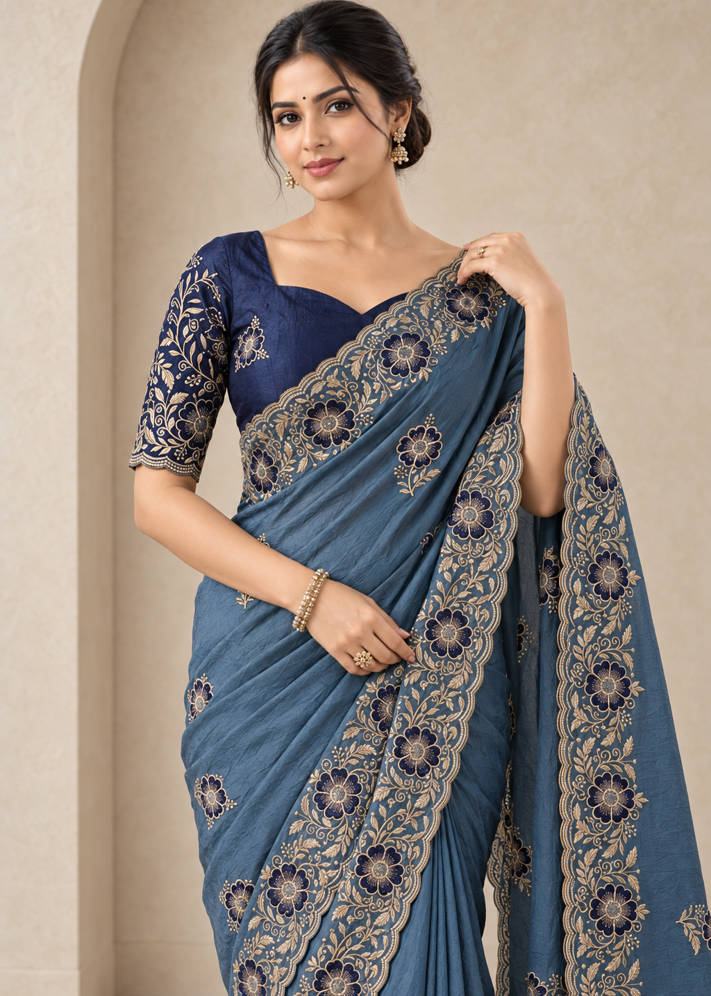 Graceful Emerald Chiffon Embroidered Saree
