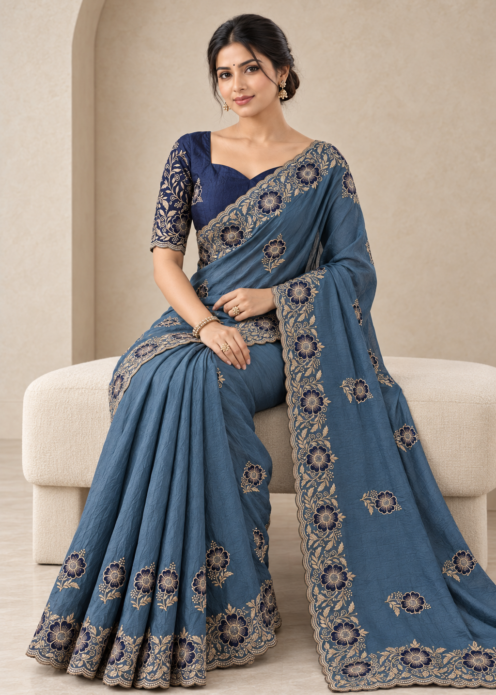 Graceful Emerald Chiffon Embroidered Saree