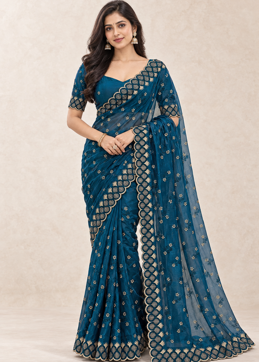 Floral Embroidered NC Satin Saree with Designer Border