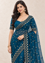 Floral Embroidered NC Satin Saree with Designer Border