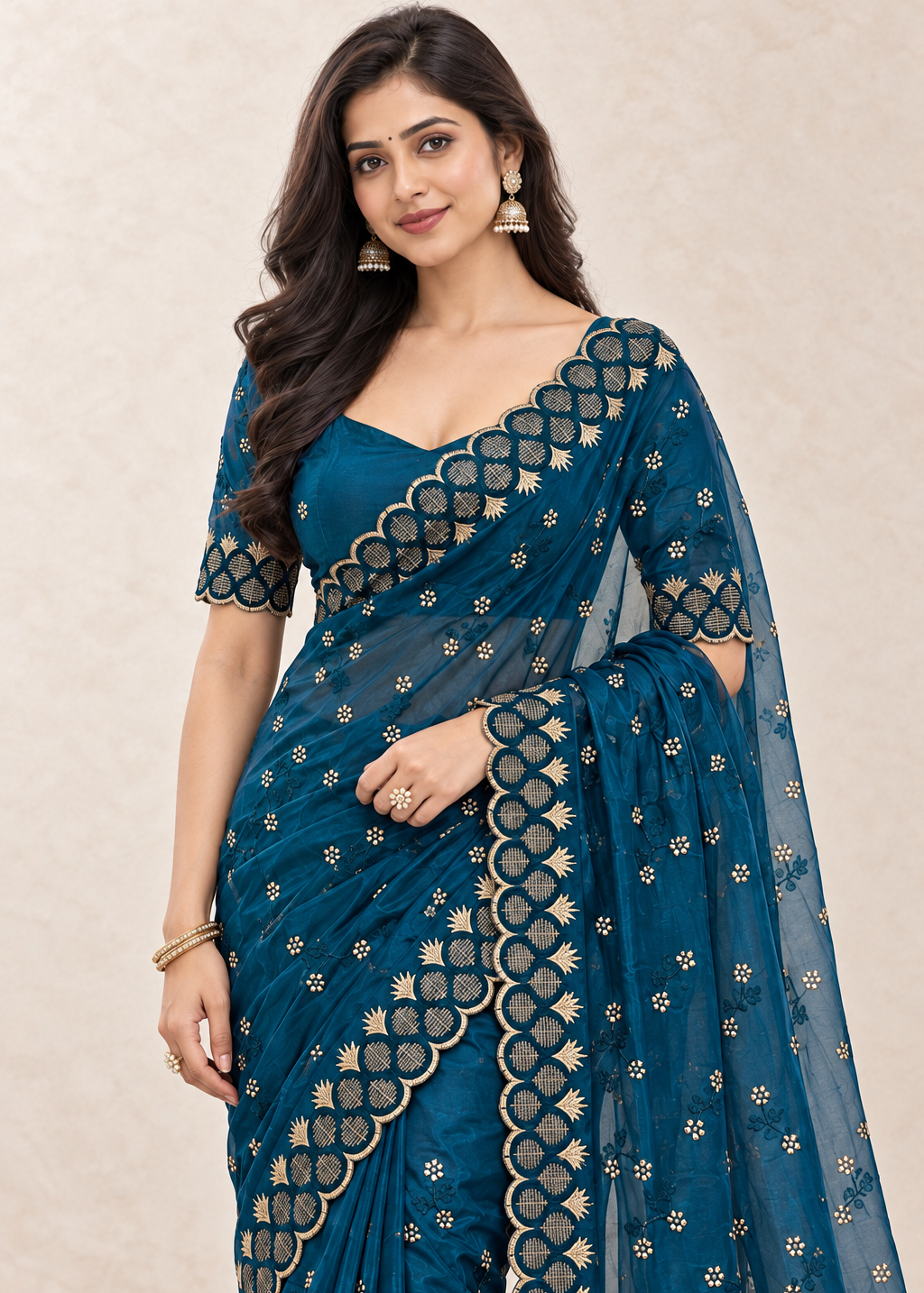 Floral Embroidered NC Satin Saree with Designer Border