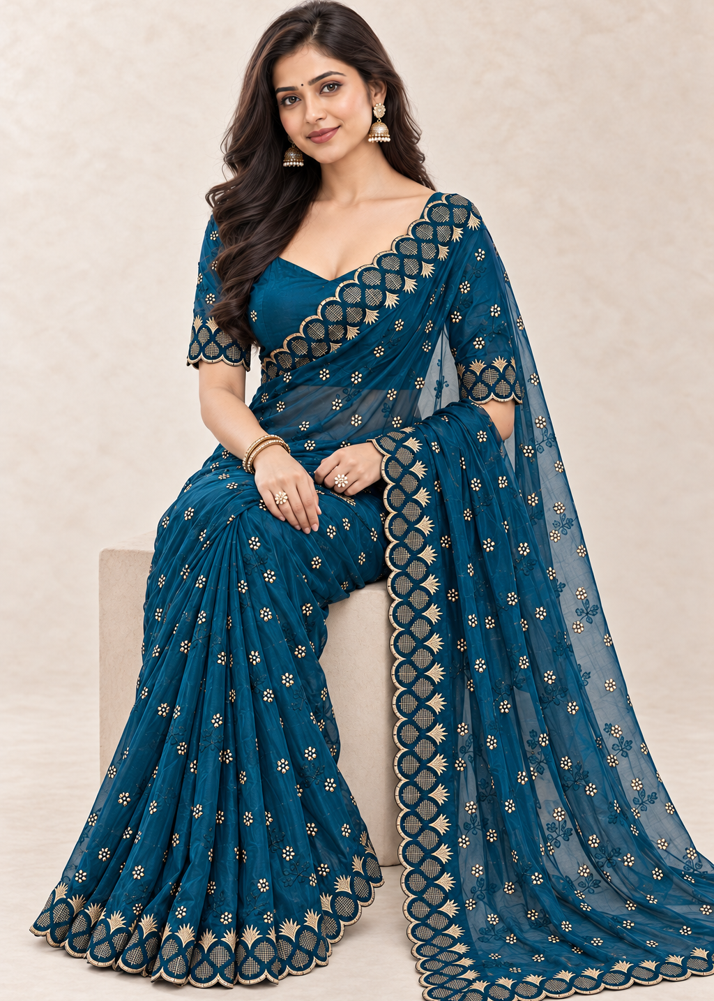 Floral Embroidered NC Satin Saree with Designer Border
