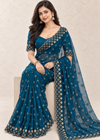 Floral Embroidered NC Satin Saree with Designer Border