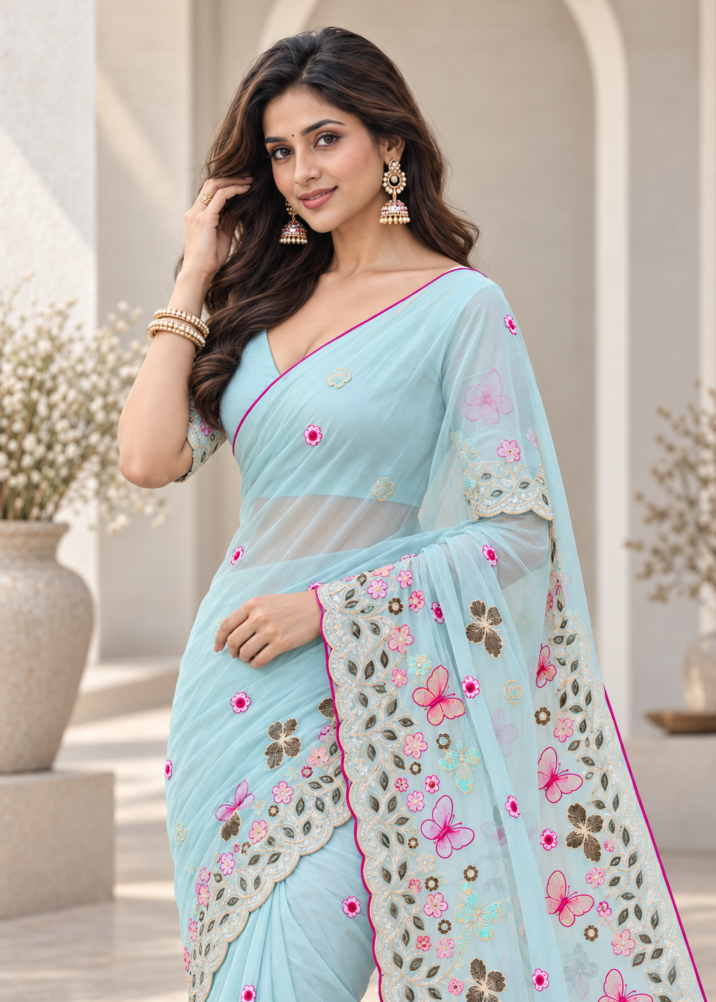 Attractive Floral Rangoli Embroidered Designer Saree