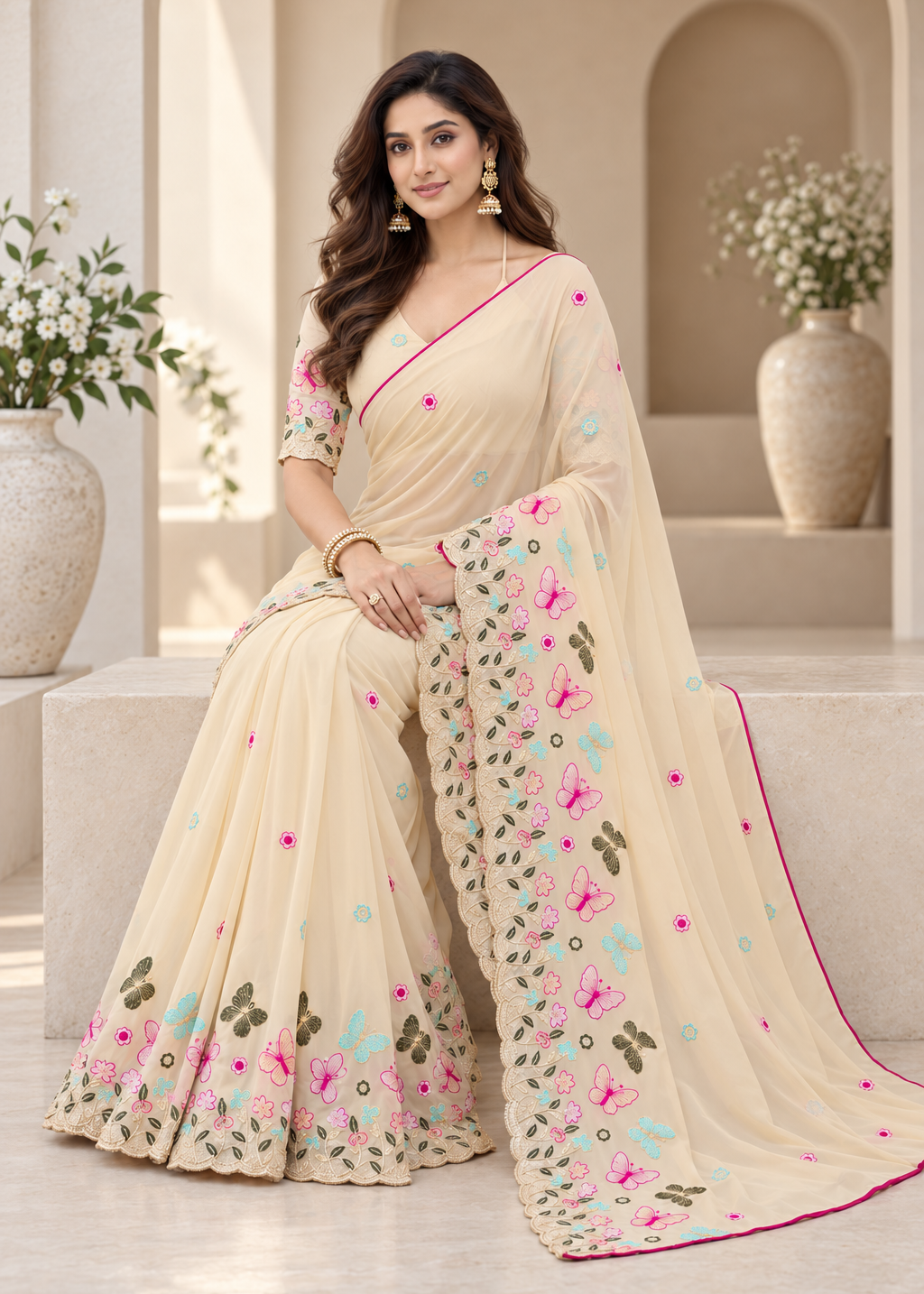 Attractive Floral Rangoli Embroidered Designer Saree