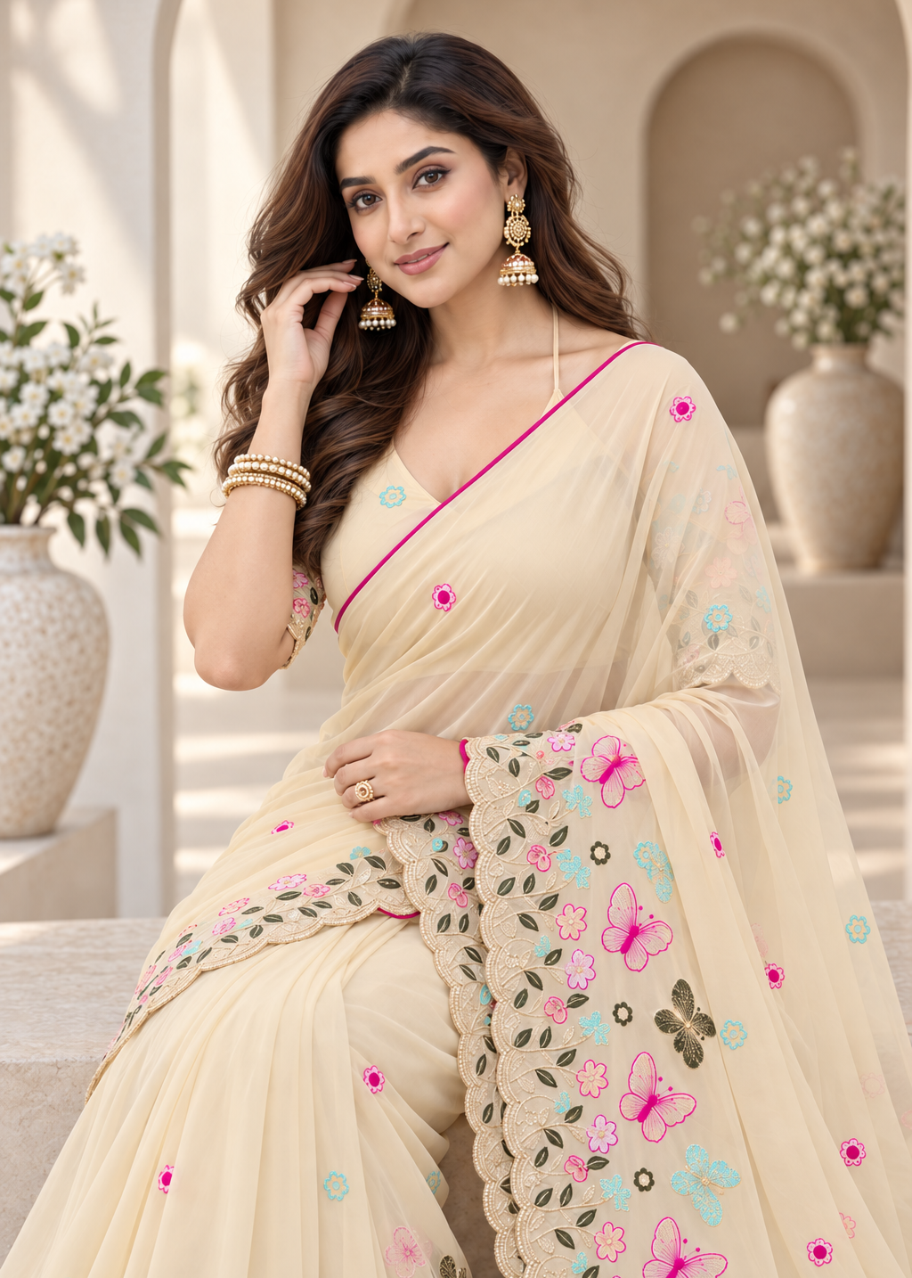 Attractive Floral Rangoli Embroidered Designer Saree