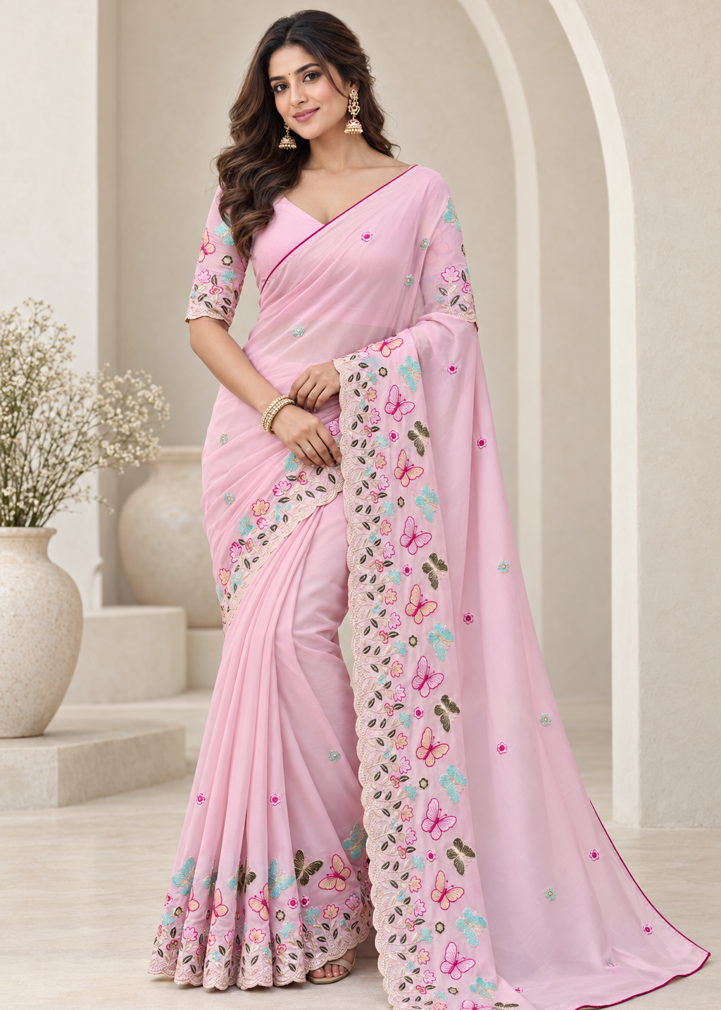 Attractive Floral Rangoli Embroidered Designer Saree