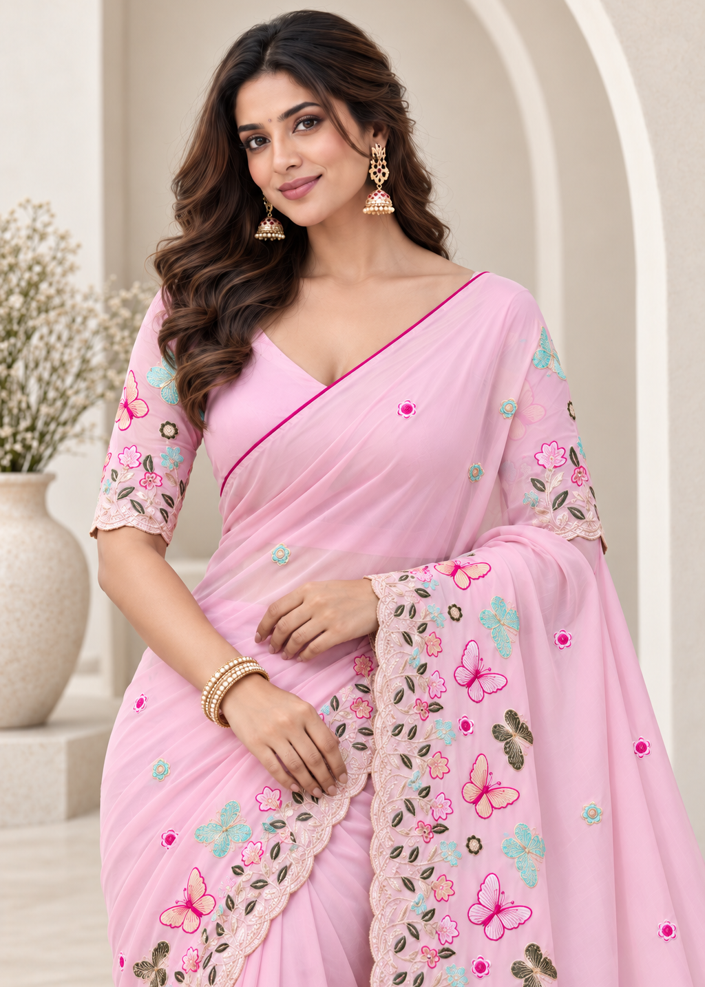 Attractive Floral Rangoli Embroidered Designer Saree