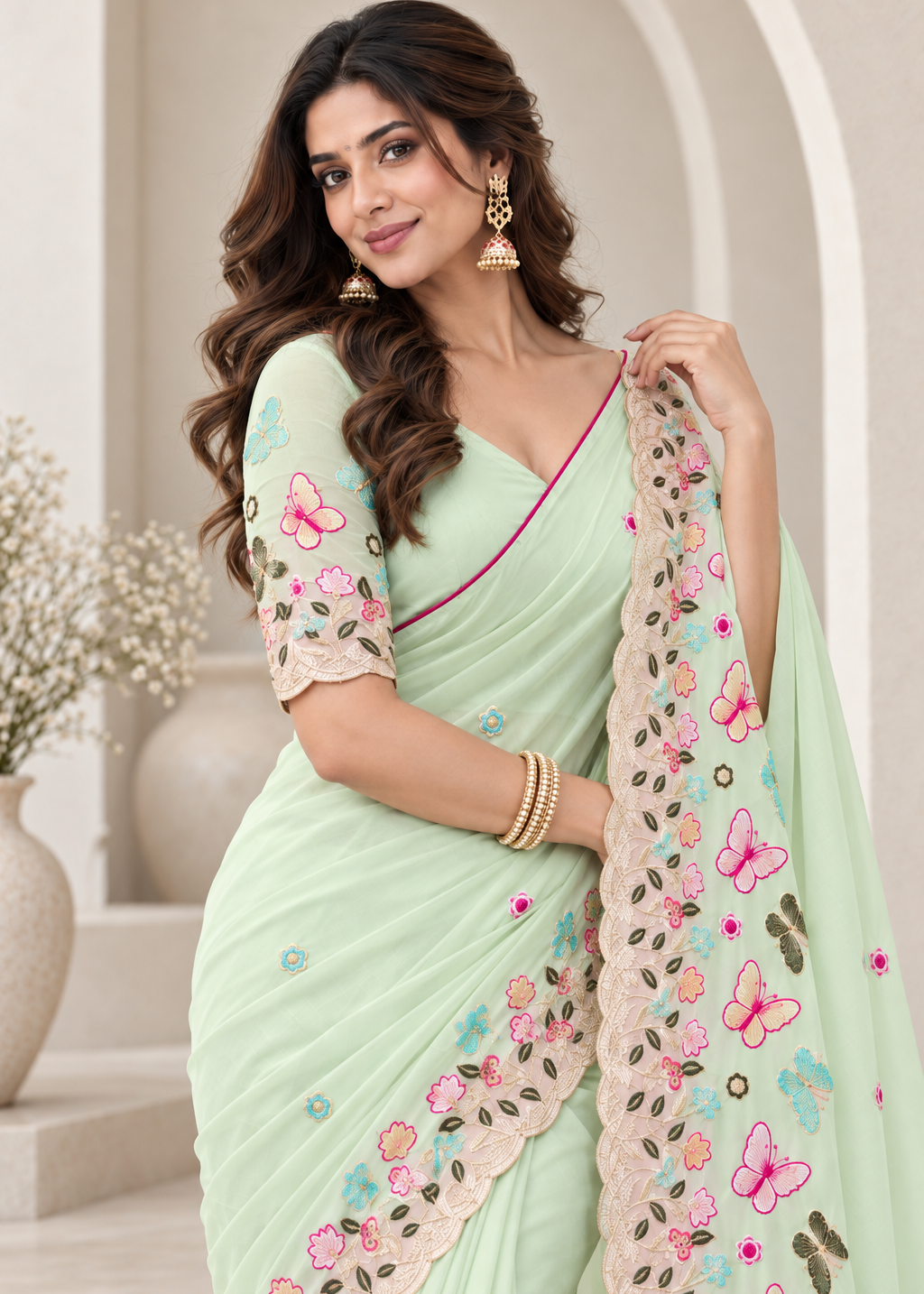 Attractive Floral Rangoli Embroidered Designer Saree