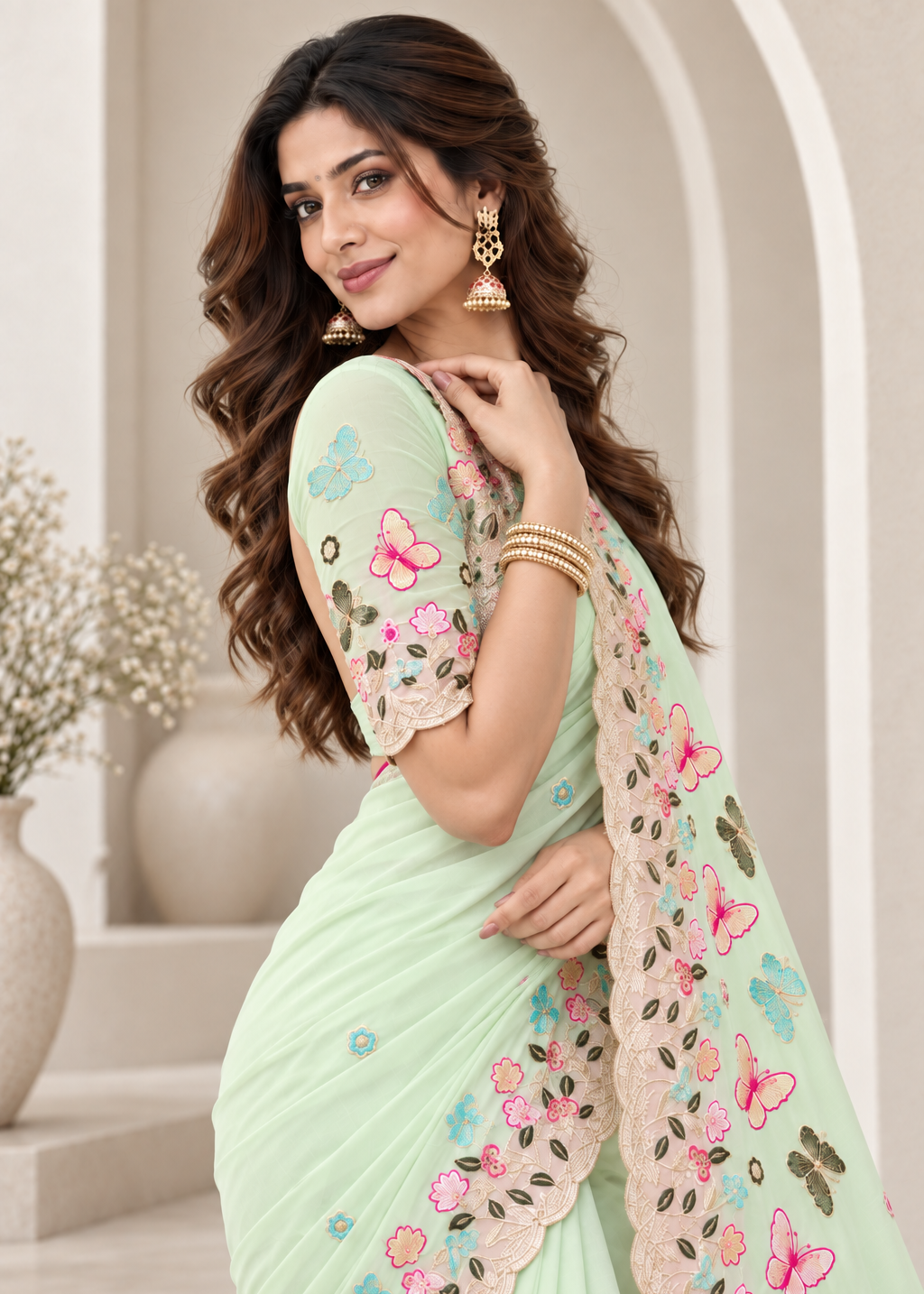 Attractive Floral Rangoli Embroidered Designer Saree