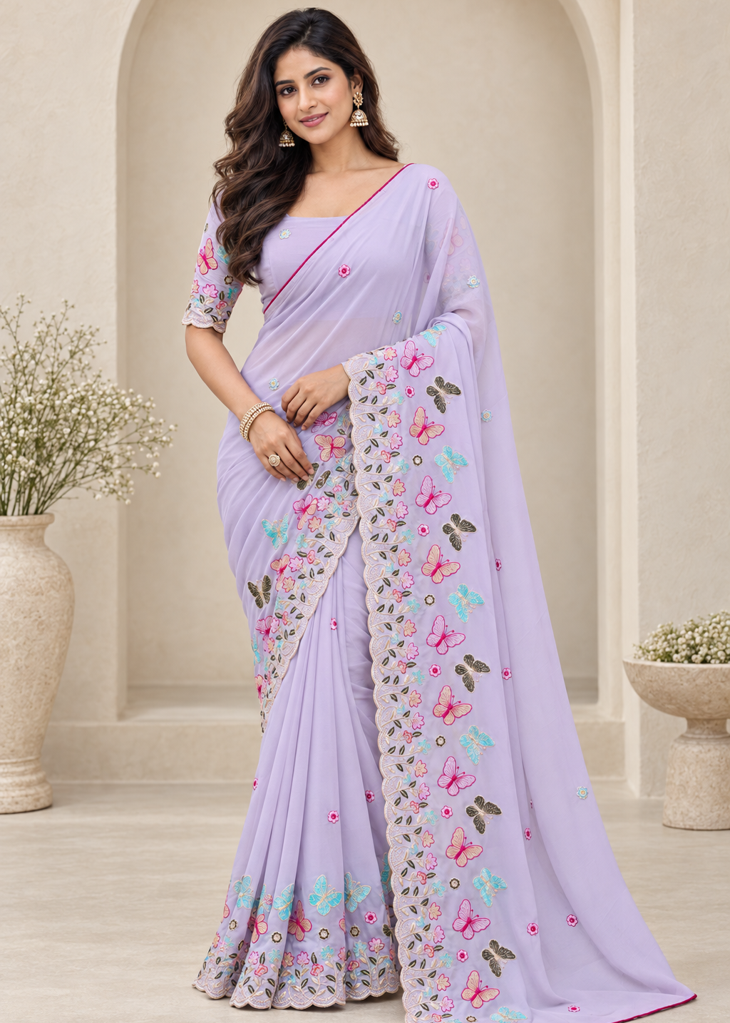 Attractive Floral Rangoli Embroidered Designer Saree