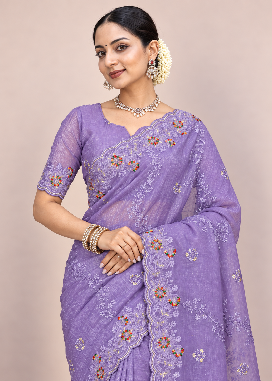 Floral Embroidery Elegant Tissue Silk Saree