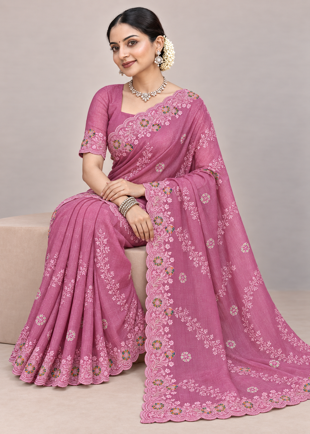 Floral Embroidery Elegant Tissue Silk Saree