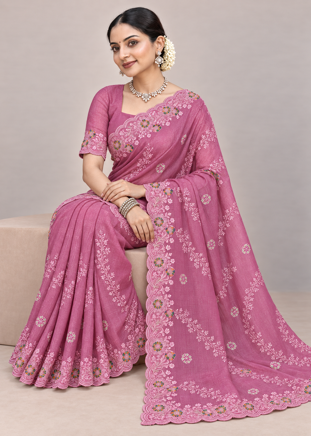 Floral Embroidery Elegant Tissue Silk Saree