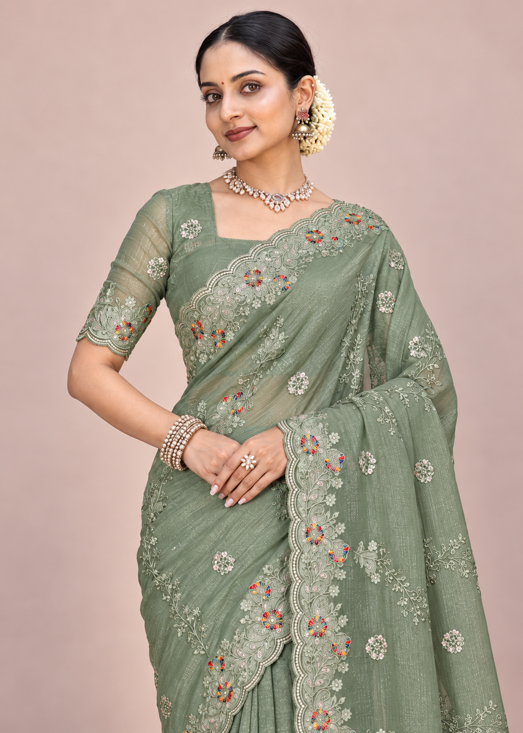 Floral Embroidery Elegant Tissue Silk Saree