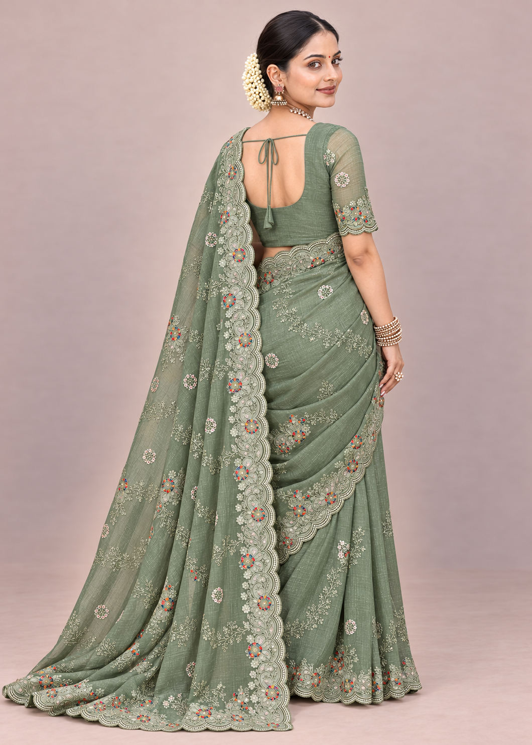 Floral Embroidery Elegant Tissue Silk Saree