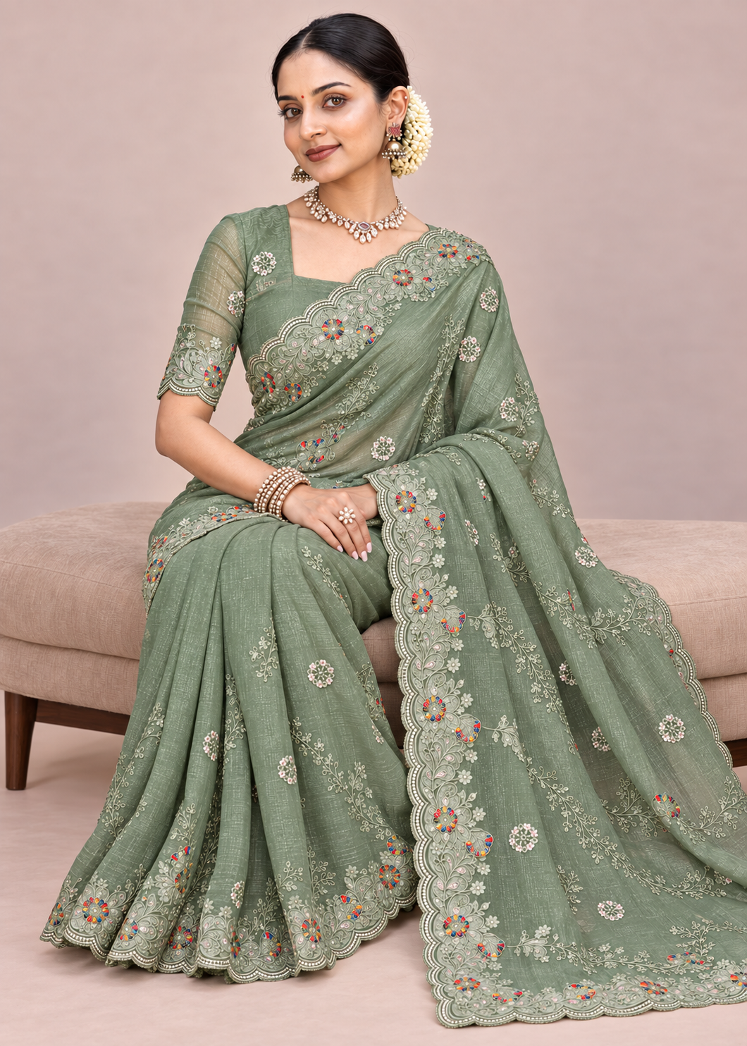 Floral Embroidery Elegant Tissue Silk Saree