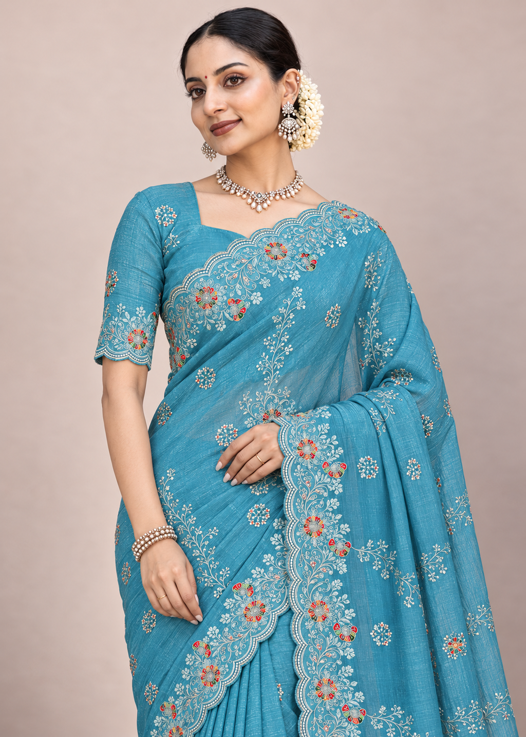Floral Embroidery Elegant Tissue Silk Saree