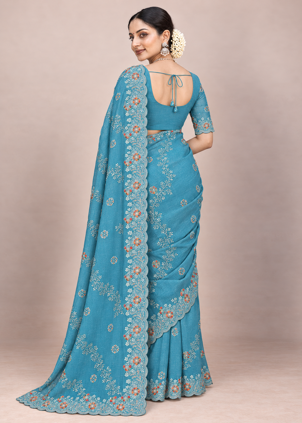 Floral Embroidery Elegant Tissue Silk Saree