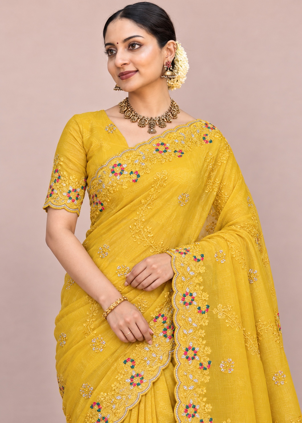 Floral Embroidery Elegant Tissue Silk Saree