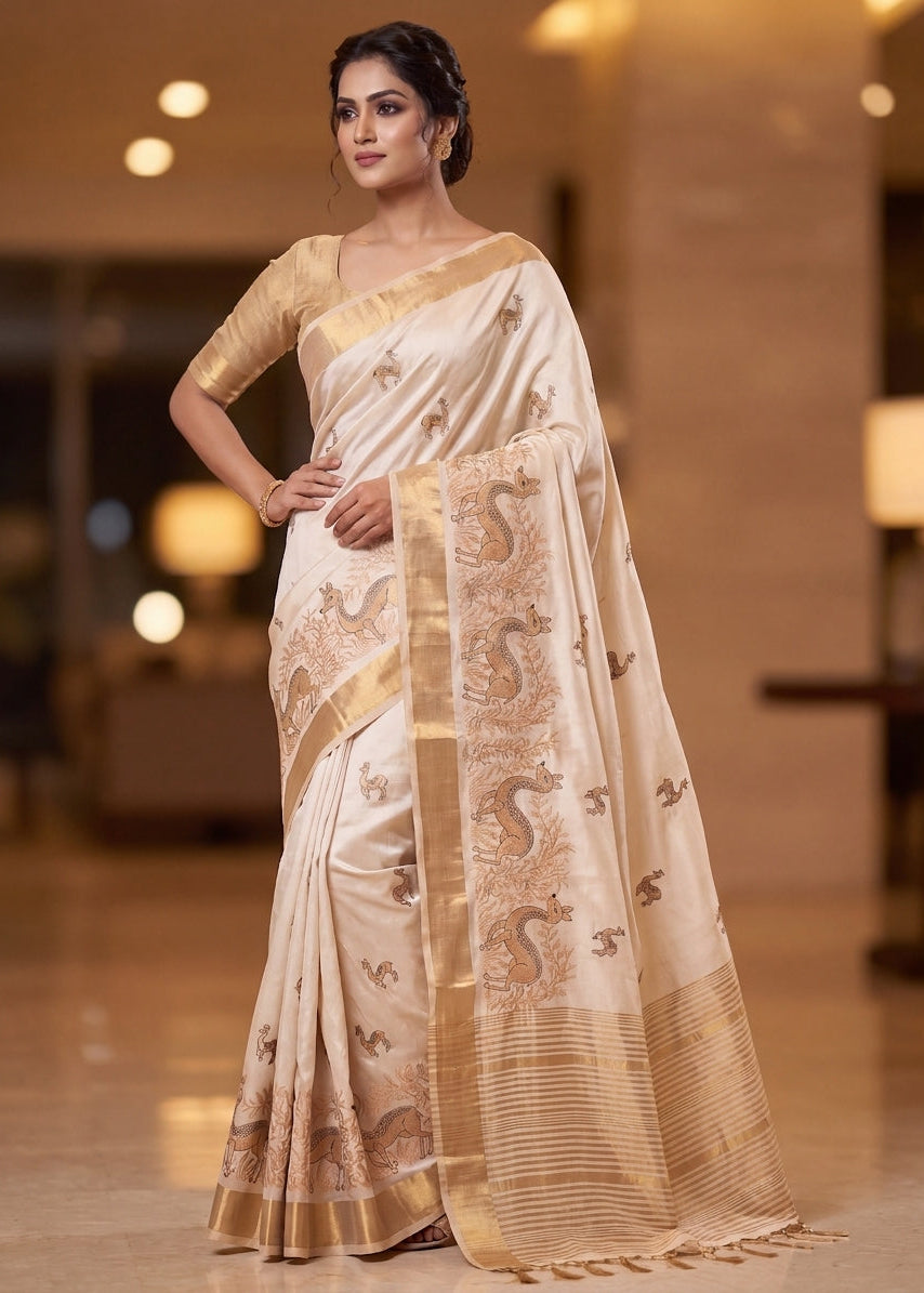 Cream Pure Aasami Silk Saree with Gold Border