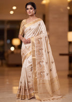 Cream Pure Aasami Silk Saree with Gold Border