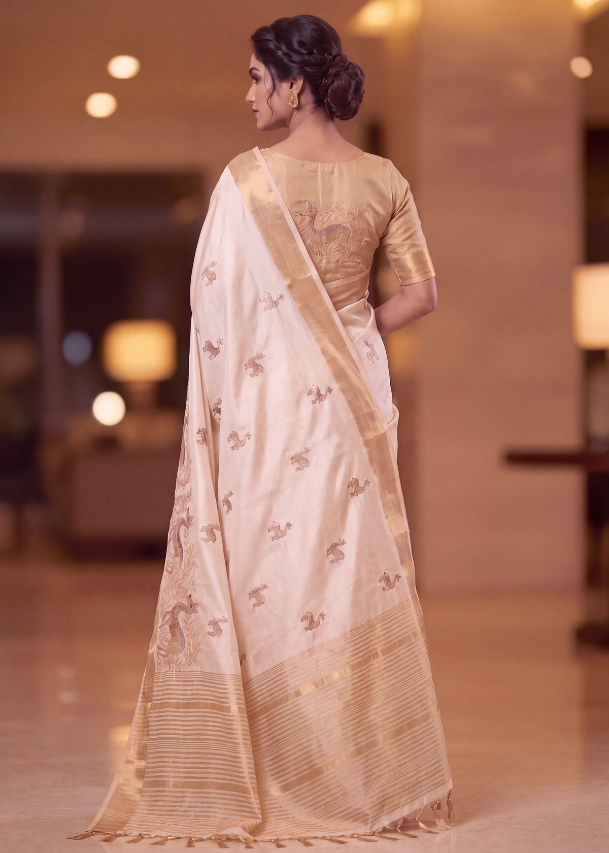 Cream Pure Aasami Silk Saree with Gold Border