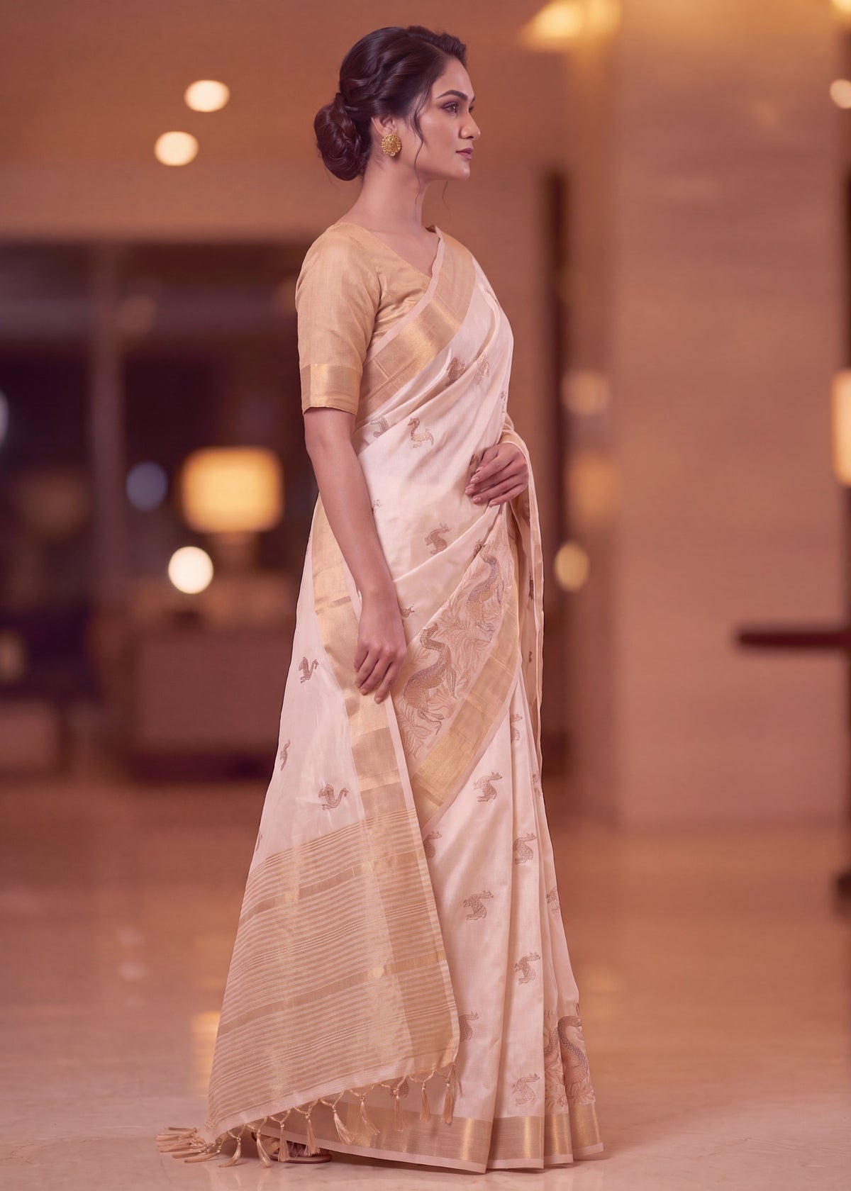 Cream Pure Aasami Silk Saree with Gold Border