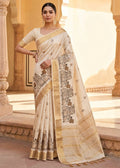 Cream Pure Aasami Silk Embroidery Saree