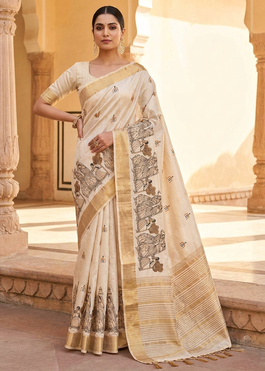 Cream Pure Aasami Silk Embroidery Saree