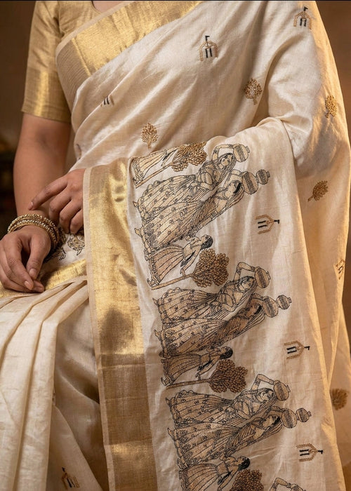 Cream Pure Aasami Silk Embroidery Saree