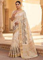 Cream Pure Aasami Silk Embroidery Saree