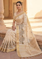 Cream Pure Aasami Silk Embroidery Saree