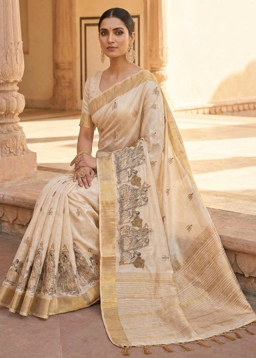 Cream Pure Aasami Silk Embroidery Saree